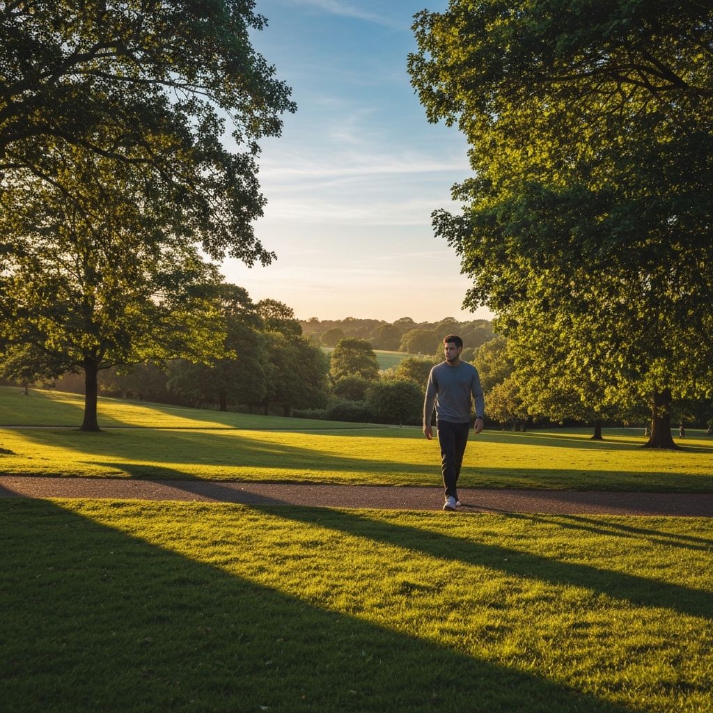 Person enjoying peaceful walk in park after meal