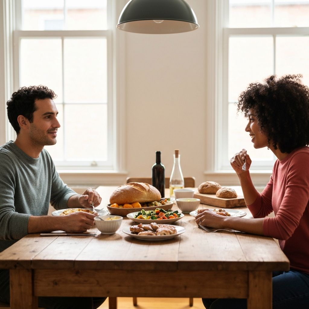 Two people sharing a meal together, collaborative atmosphere